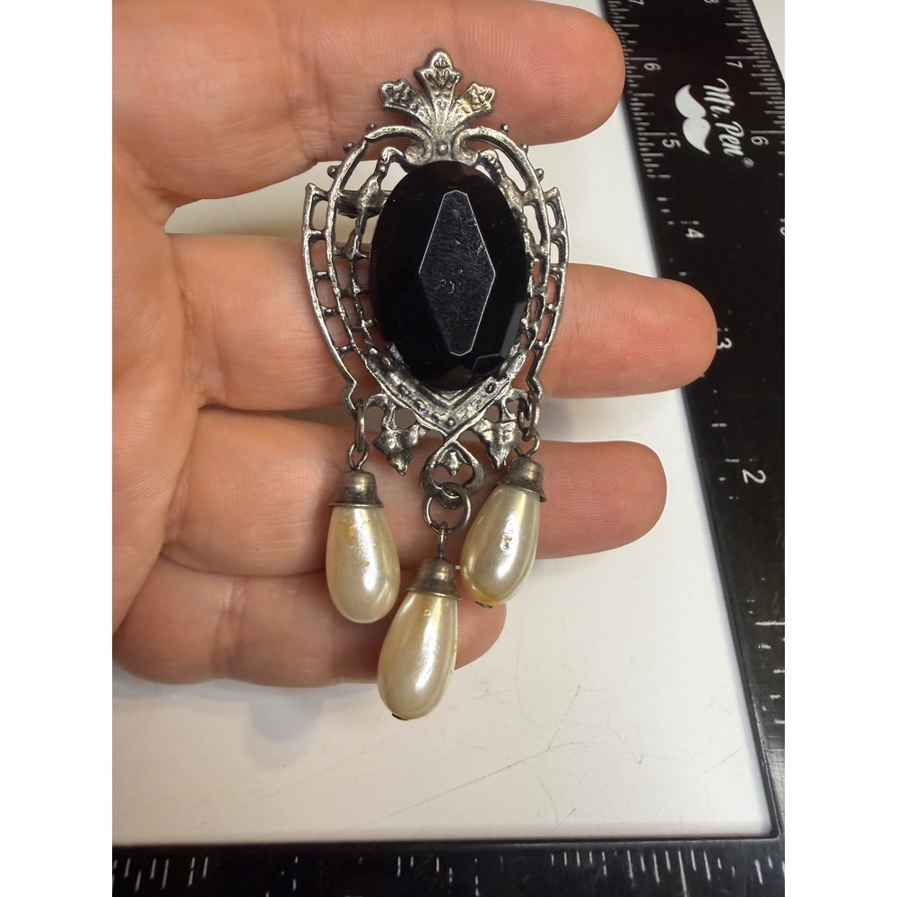 Victorian Revival Silver Tone Black Cabochon Faux Pearl Dangle Brooch Pin